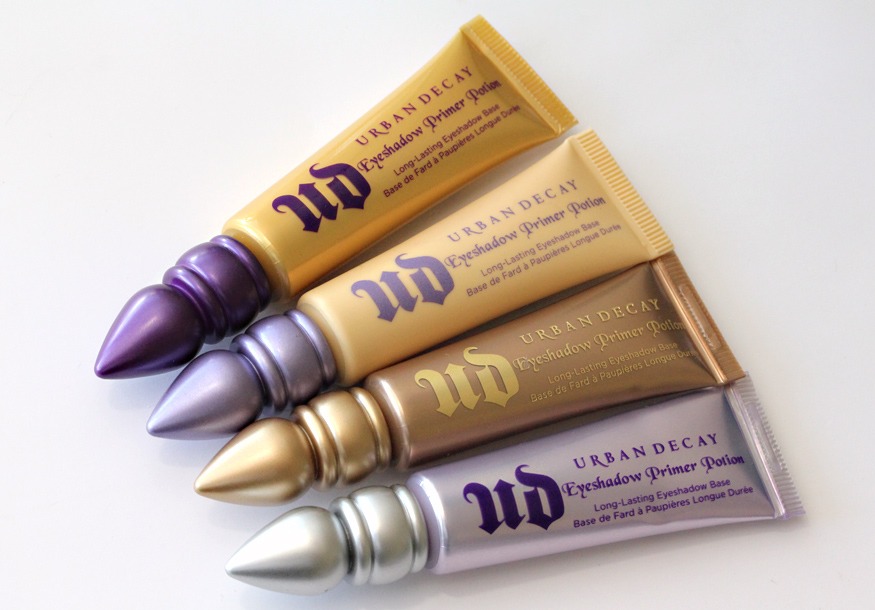 I always start with my Urban Decay primer in the Sin color, it's a Champagne shimmer that glides on and your eyeshadow will be able to withstand swimming, long hours of wear, etc. it's really amazing stuff! Makeup remover is needed to get it off because it really does stay put! 