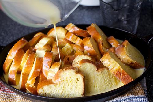  Pour this over the bread, making sure to saturate all of it. Cover tightly with plastic wrap and chill overnight. If you bread seems too high in the vessel to get a good soak, you can weight it with a plate in the fridge