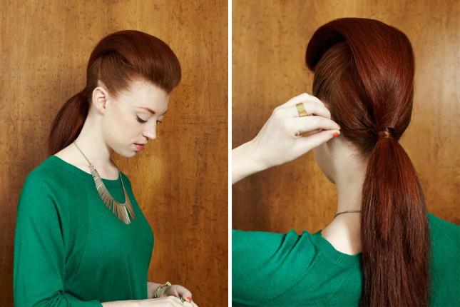 7. The Part-Happy Pony: We don’t know what we like more, this super sleek take on a traditional ponytail, or this models insane auburn hair color. One thing’s for sure, this look is precise—each level of this ‘do is shockingly seamless. (via Refinery29) 