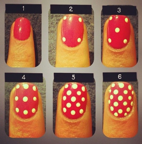 1. Paint your nails a colour of your choosing 
2. Get a booby pin and dip the end of it in nail polish, make sure the two colours look nice together :) 
3. Place in as many dots as you like, the your done