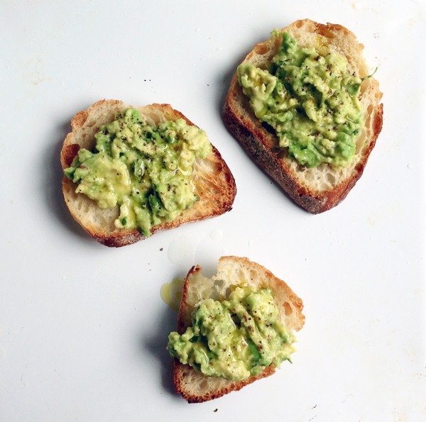 Avocado Toasts

To assemble the toasts, spread the avocado mixture on toasted baguette slices. Add a twist of pepper, a drizzle of olive oil, and a squeeze of lemon to the finished toasts.