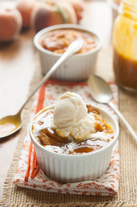 Peachy bread pudding with caramel sauce
