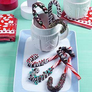 Ingredients:

1 cup semisweet chocolate chips
 	12 candy canes (6 inches each)
 	3 ounces white baking chocolate, chopped
 	Optional toppings: assorted colored sugars or sprinkles and crushed candies