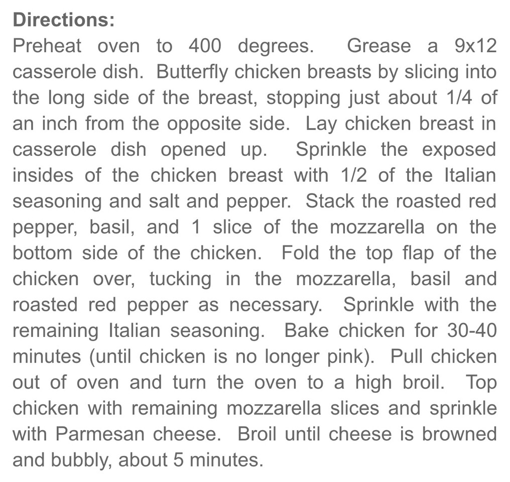 Roasted Red Pepper, Mozzarella Basil Stuffed Chicken