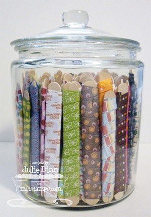 Store ribbon in inexpensive glass containers. Each piece of ribbon is wrapped around a wide popsicle stick.