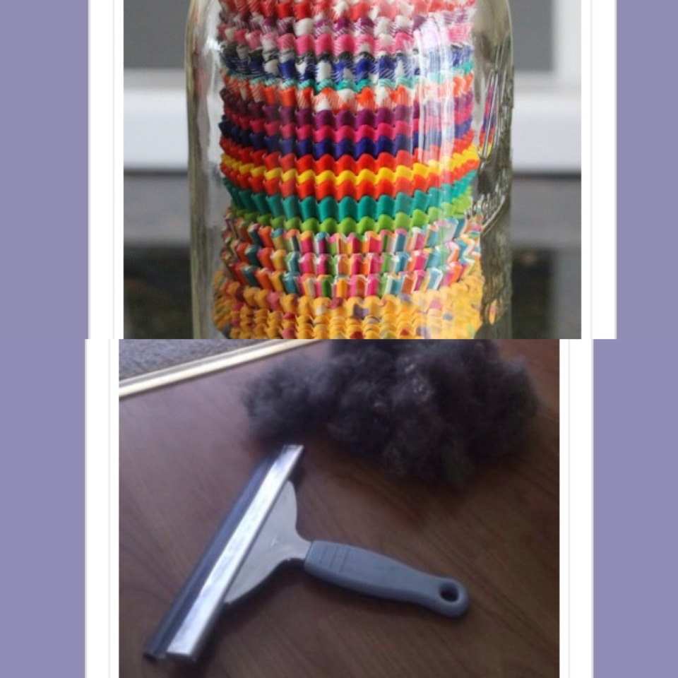 19. Store cupcake and muffin cases in a mason jar 
20. Use a squeegee to remove pet hair from furniture and carpets