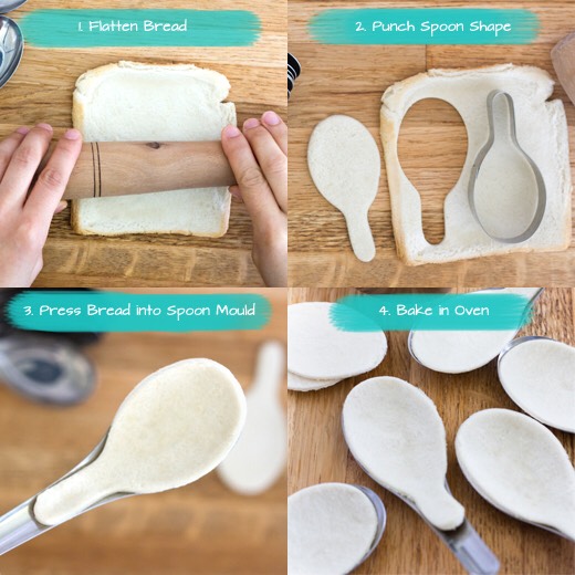 Edible spoons made from bread. 