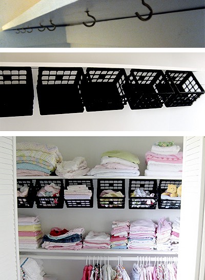 Some dollar store plastic mini-crates, some hooks under the top shelf and instantly a whole world of organizing possibilities opens up! Works great in this child’s closet.
