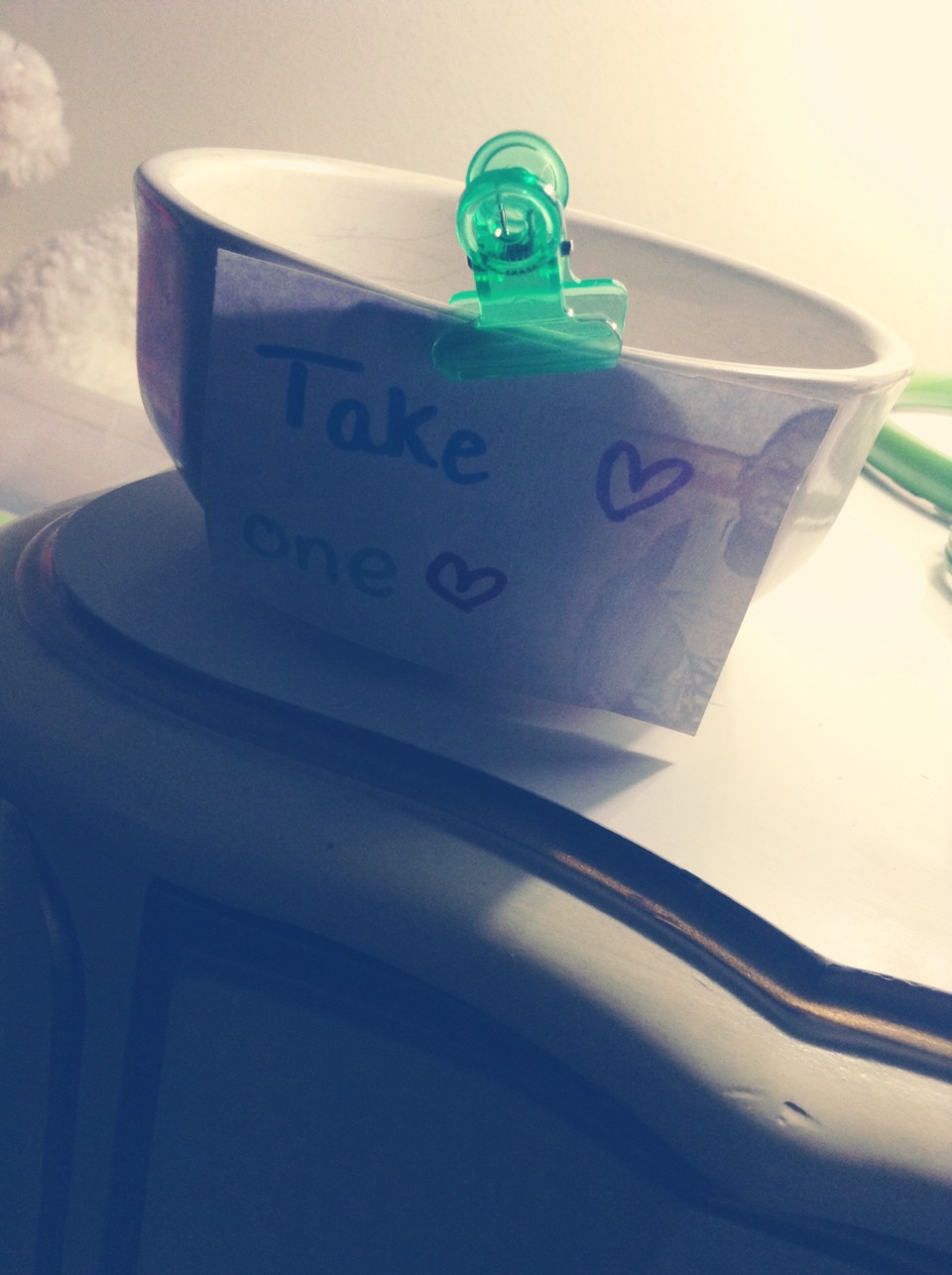 Use a bowl and some scrap paper to make a take one ♡ bowl. You can tape it or clip it on. This can hold gum candy or whatever you want