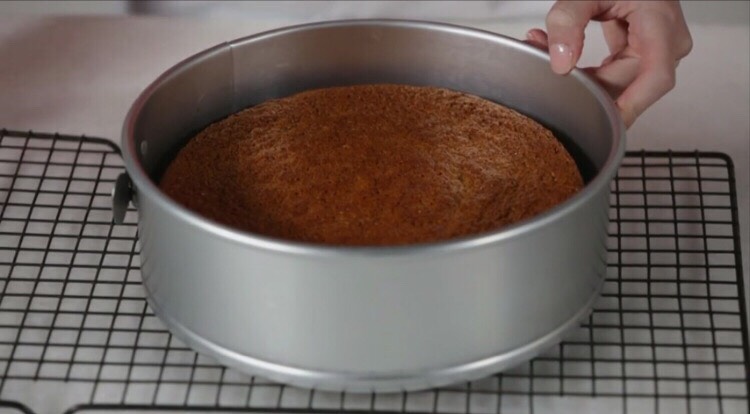 Run a knife around the edge of the pan and gently remove the side ring. Let cool completely. If desired, remove the cake from the pan bottom by gently sliding a large, wide spatula between the cake and the parchment paper. Carefully transfer the cake to a serving platter. 