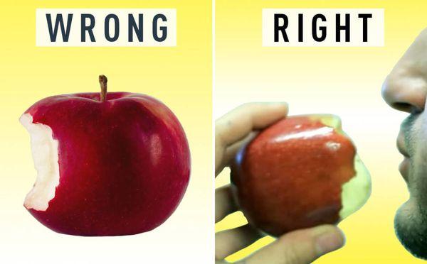 An apple should be eaten top to bottom not by biting into its side.