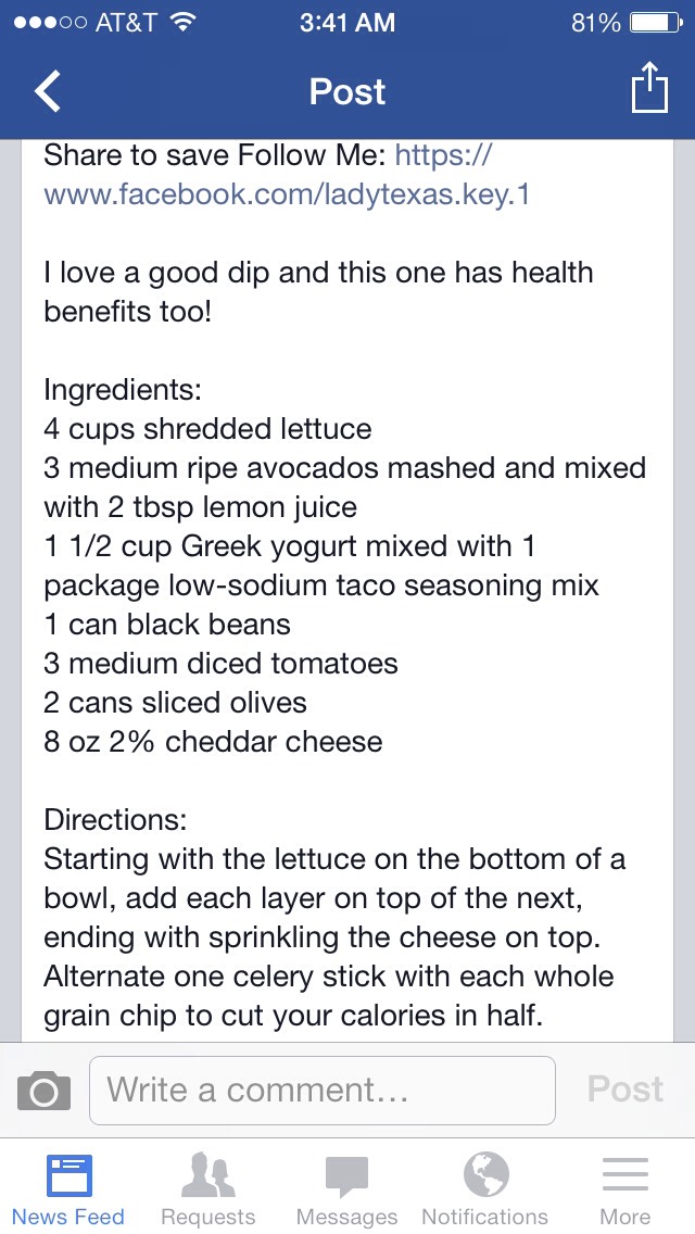 Great Super Bowl Taco Dip! Promoted By Dr. Oz. Packed With Goodness. Even Kids Will Love It!! Enjoy!
