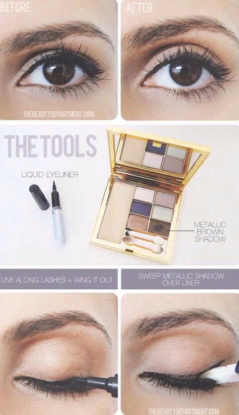 28. Soften The Line
Although I like liquid liner and its ability to really define the eyes, Iām not really a fan of the harshness of it. And, if itās not applied perfectly, imperfections really stand out. To soften the look, sweep a metallic brown shadow over the liner. This not only diminishes the