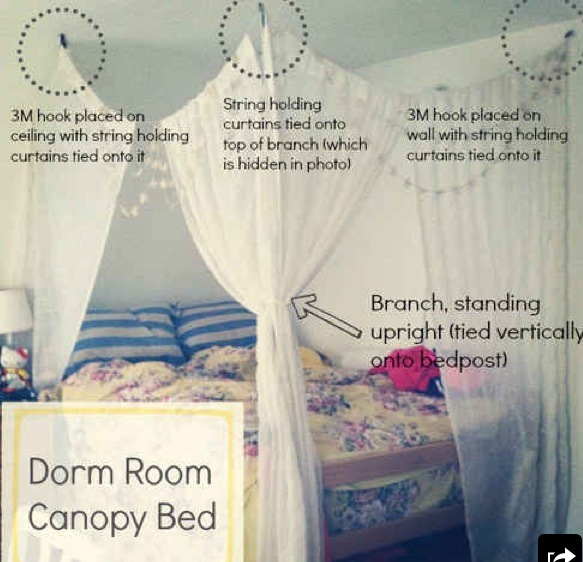 DIY Canopy
This method uses removable hooks that won't ruin the ceiling at all! 
http://thenakedcoed.blogspot.com/2012/03/evolution-of-bed-pt-1.html