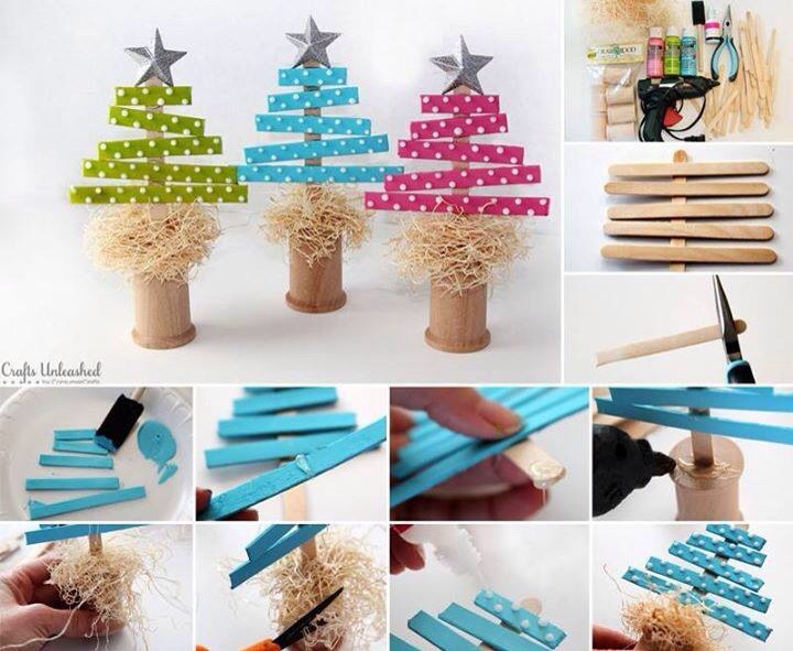 Christmas trees made with wooden sticks or you can replace them with cardboard or fomi