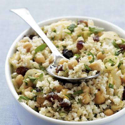 Middle Eastern Rice Salad

Ingredients: Brown rice, olive oil, sweet onion, chickpeas, ground cumin, salt, ground black pepper, chopped dates, fresh mint, fresh parsley 

Calories: 380 