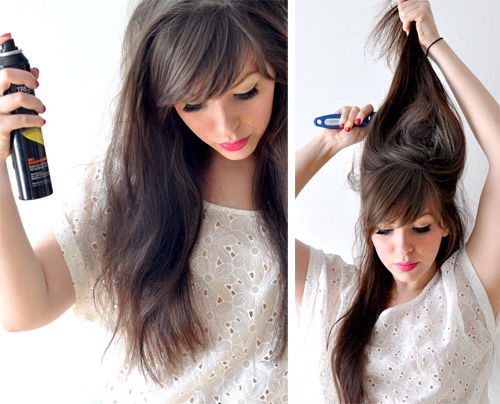 Add texture to the hair by spraying dry shampoo in roots and let it set in a minute. Then divide hair in two sections as if you were doing a half updo. Tease the underneath and smooth the front. This will give a nice lift. 