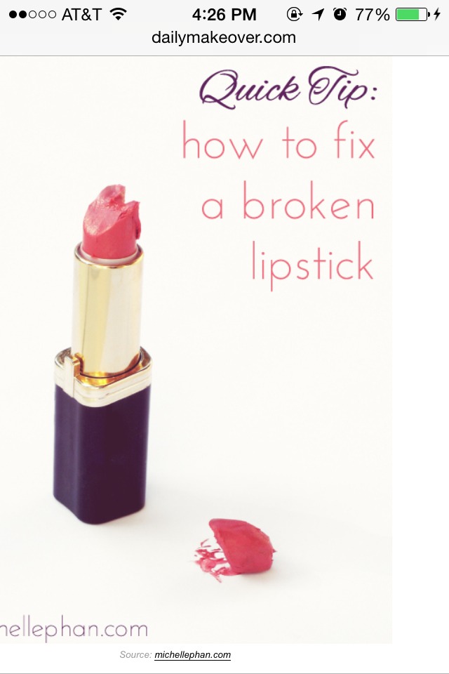 10. To fix a broken lipstick, use a lighter to heat up the part that’s still in the tube, then press the broken end back on top. Heat up the seam with your lighter to make a seal. Let the lipstick cool in the refrigerator for 15-30 minutes.