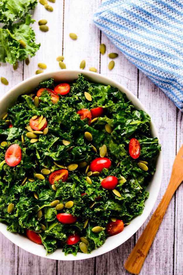 14. Marinated Kale Salad with Almond Butter
Kale + almond butter + apple cider vinegar + agave nectar + tamari or soy sauce. (Plus, any mix-ins you'd like: tomatoes, pepitas, etc.) Get the recipe.
http://blissfulbasil.com/2014/06/06/enlightening-marinated-kale-salad/