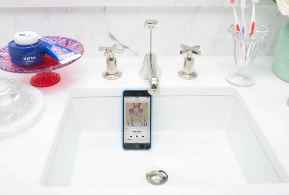 11. If you have a waterproof phone case, stick your phone in a dry cup or dry sink to play music while you shower. Voilà! The acoustics of the sink will amplify the sound like speakers.