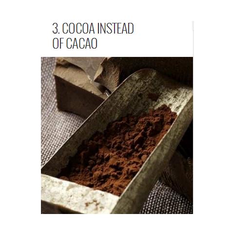 Cacao powder is raw chocolate powder that's incredibly healthy for you, but it’s also very high in calories,carbs, and fat. Instead of using cacao powder, use 1 tablespoon of regular cocoa powder. You’ll still get plenty of chocolate flavor for only 30 calories,1 gm of fat,3 gms of fiber,& zero suga