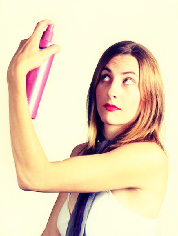 Hold it about 15-20cm away from you face and lightly must your face with it. Make sure you eyes are closed and give it a few seconds before you open them after spraying the hairspray