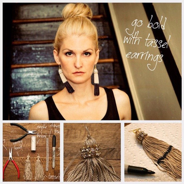 Tassel Earrings (These would also go great with the Tiny Tassel Bracelet)

Full instructions here:
http://www.trinketsinbloom.com/wearable-diy/diy-tassel-earrings/#more-2624