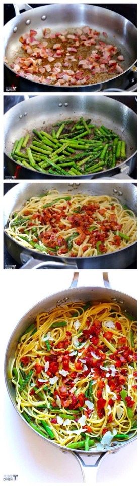15. Bacon & Asparagus Pasta
Pasta + bacon + asparagus + white wine + Parmesan. Get the recipe.
http://www.gimmesomeoven.com/5-ingredient-bacon-asparagus-pasta-recipe
