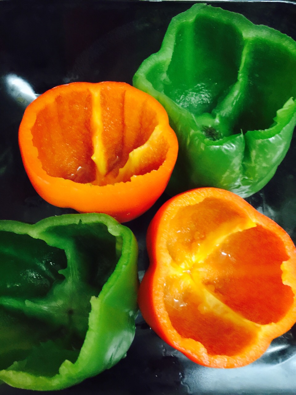 Hollowed, cleaned of seeds, and boiled until tender(about 2-3 minutes)