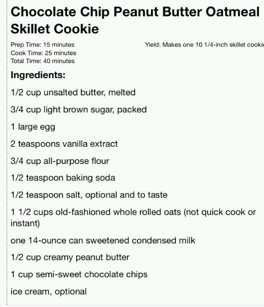Chocolate Chip Peanut butter Oatmeal Skillet Cookie