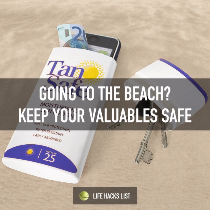 Clear out an old sunscreen bottle and place your keys and phone inside to keep them safer