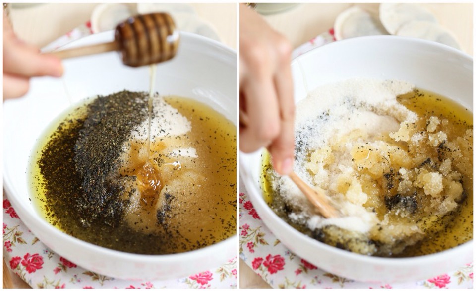 Ingredients
1 TB dried green tea leaves (2-4 tea bags, depending on size of tea bag)
1 cup white or brown sugar (the sugar should be soft, not large granules)
½ cup olive oil (100% olive oil, not an oil "blend")
2 TB raw honey
(optional) skin-friendly essential oil (use 10 drops of lavende