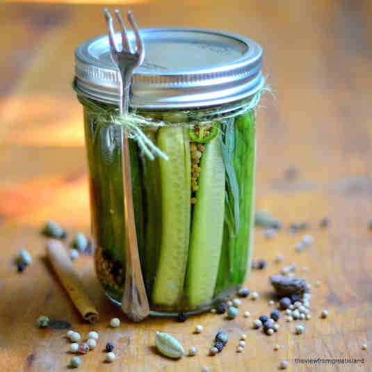 Sweet & Spicy Pickles
A spin on the classic bread and butter pickle, these pickles are balanced, delicious, and exactly what you want to stuff your face with at 4 a.m. on Saturday morning.

Get the recipe from The View From Great Island.