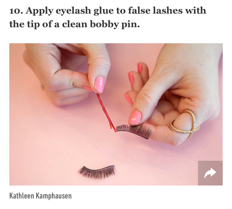 Use the tip of a bobby pin to evenly disperse the glue along the base of your falsies. Then, wait a few seconds for the glue to get tacky and apply!