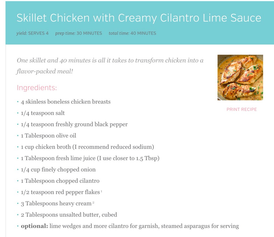 Skillet Chicken With Creamy Cilantro Lime Sauce