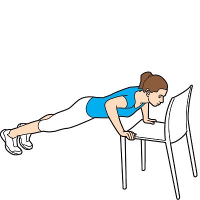 Push ups
Sets: 3
Reps: 15
* you can always reverse this by putting your feet on the chair and doing a push up. Do the same amount of sets and reps as well
