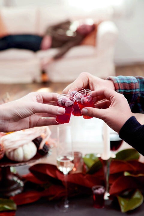 	1.	Pour the cold cup of water and cup of vodka into the Jello mixture, stirring for about 2-3 minutes. Place in the refrigerator to set for at least 20 minutes.
http://www.delish.com/cooking/recipe-ideas/recipes/a44613/cranberry-jello-shots/
