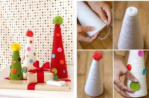 Use foam or styrofoam cones for these beautiful Christmas trees. Tangled wool or yarn and glue with hot cilicon. Use colored buttons as a final detail.