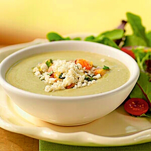 Avocado Soup with Citrus-Shrimp Relish
This lovely no-cook soup is thick and creamy, and a meal in itself with its topping of lemony shrimp. It weighs in at less than 300 calories a bowl, so pair it with a side salad for a well-rounded meal.