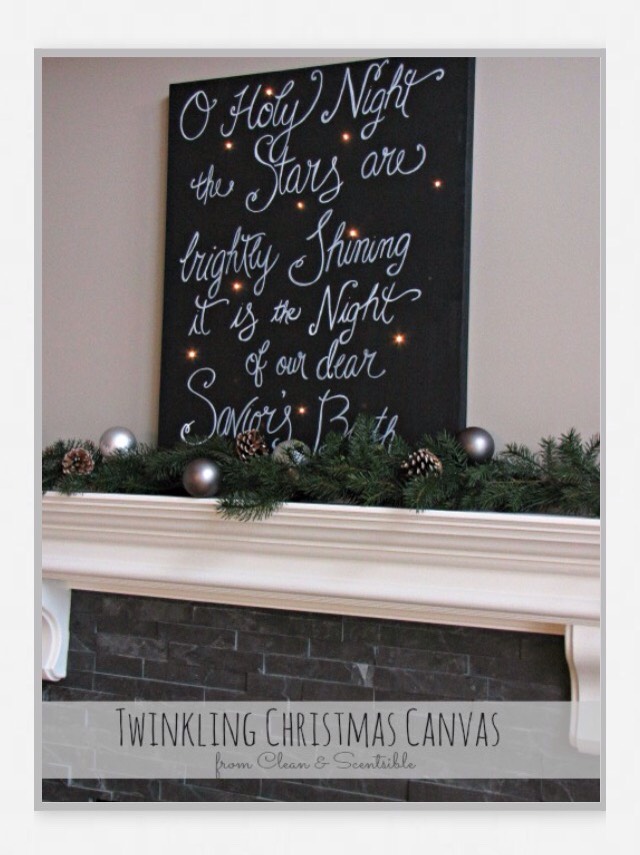 Get a black canvas, use adhesive stickers or a white sharpie, and write the words you want on it. For the lights, put battery-powered Christmas lights behind the canvas and poke the light part through.