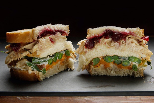 24. Have an idea of what to do with your Thanksgiving leftovers. Yum!
 (Above shown: club sandwich with turkey, watercress, finely chopped carrots, mayonnaise/white sauce and cranberry sauce) ...No words needed 
