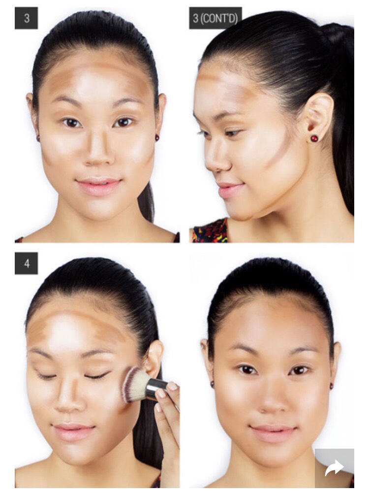 Next, use an all-over cream highlighter on the tops of your cheekbones, on the center of your forehead, the bridge of your nose, the center of your chin, and on your Cupid's bow.
--> http://www.cosmopolitan.com/style-beauty/beauty/how-to/a16281/how-to-contour-makeup-tutorial/