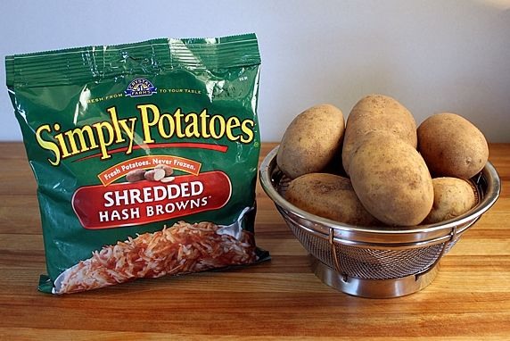 You also need shredded potatoes. You can use Simply Potatoes. They are already shredded and ready to cook. If you prefer, you can use whole russet potatoes; shred, rinse, and squeeze them dry in a towel.