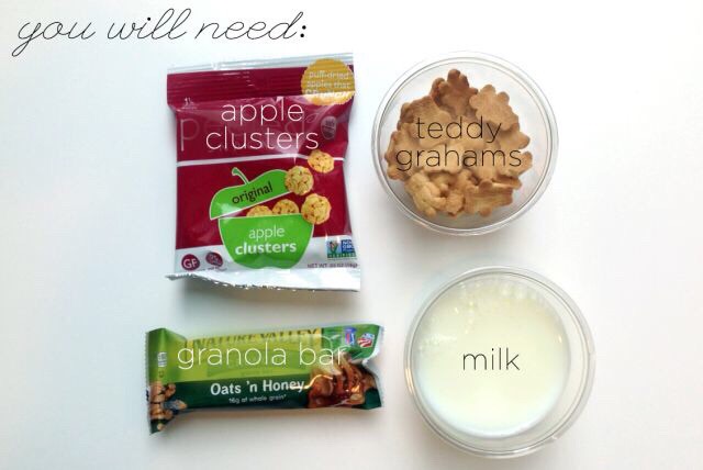 To make this lovely little granola cereal you'll need some apple clusters, a granola bar, some milk, and the cute little teddy grahams.