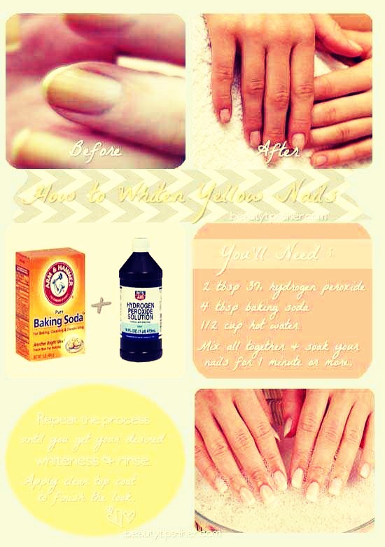 Mix baking soda with hydrogen peroxide for cleaner nails.