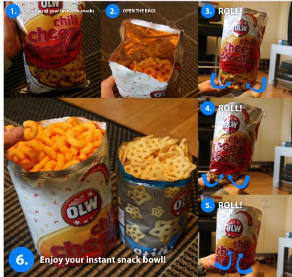 This trick is so simple you'll wonder why you didn't think of it before—all you need to do is invert the bottom of the bag, rolling it up into itself. The bag will sit easily on the table without falling over. 
