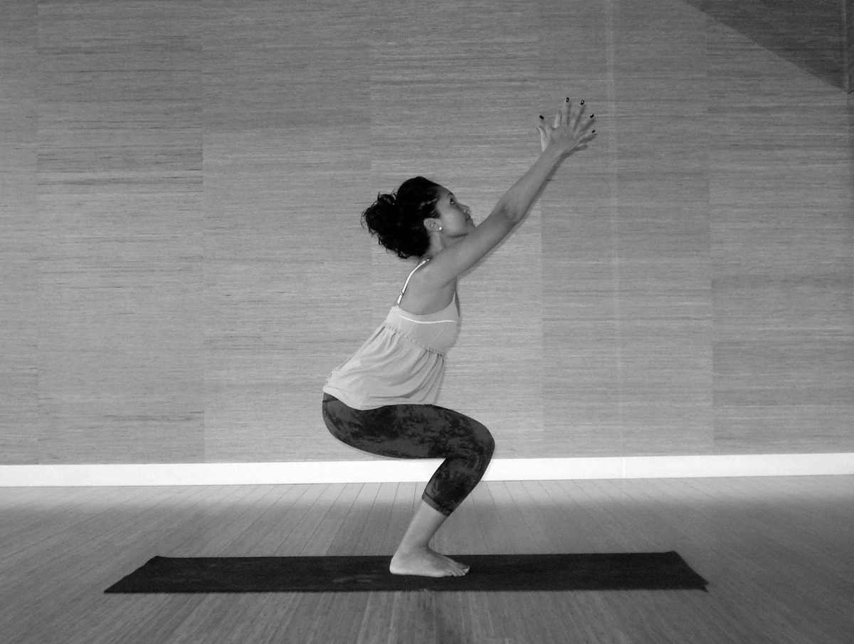 Chair pose
Hold for 5–8 slow, deep breaths.