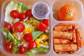 salad (lettuce, peppers,onion, tomato), leftover ragotoni, clementine
