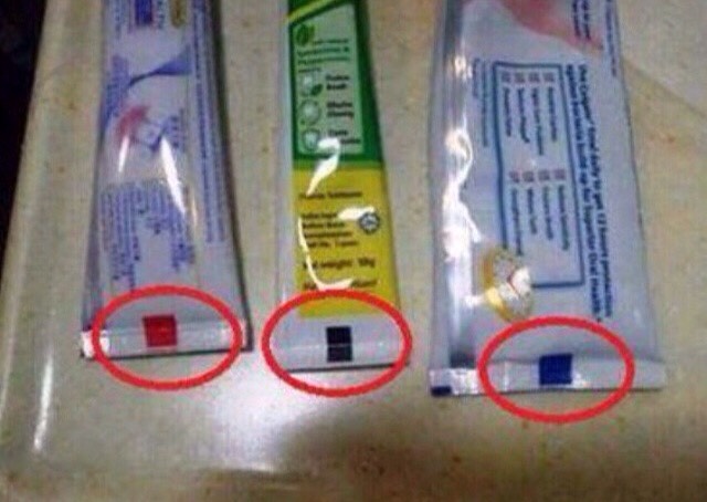 The colour represents if your toothpaste is organic, chemical or mix. 
False! It's just a marker for the machine to know where to close the bottle.