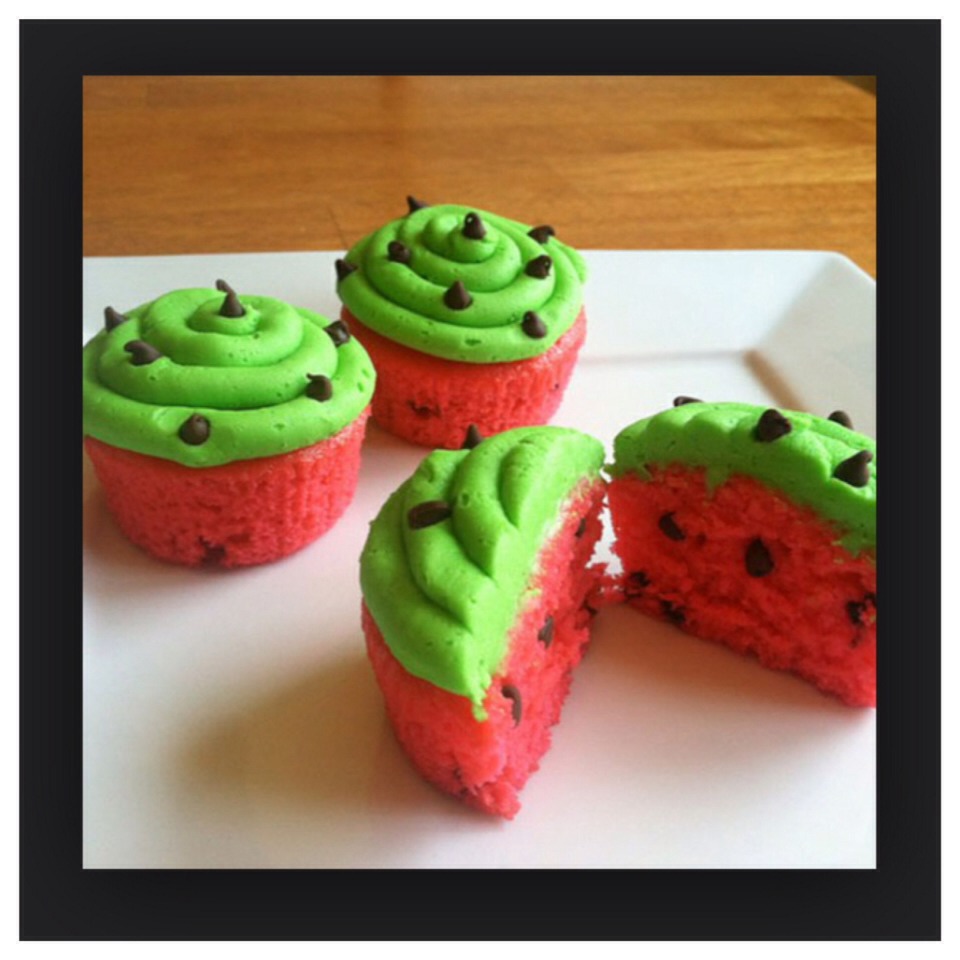 These cupcakes are great for summer! Make a white cupcake batter and dye it pink. Mix in mini chocolate chips in the batter. Frost with green icing and place more mini chocolate chips on top